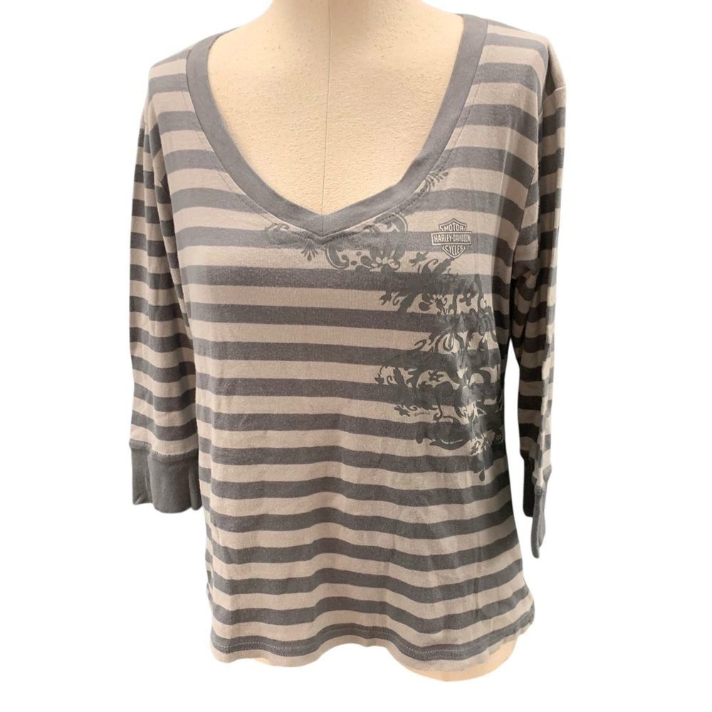 HARLEY-DAVIDSON Striped Graphic ¾ Sleeve Top - Size Large‎